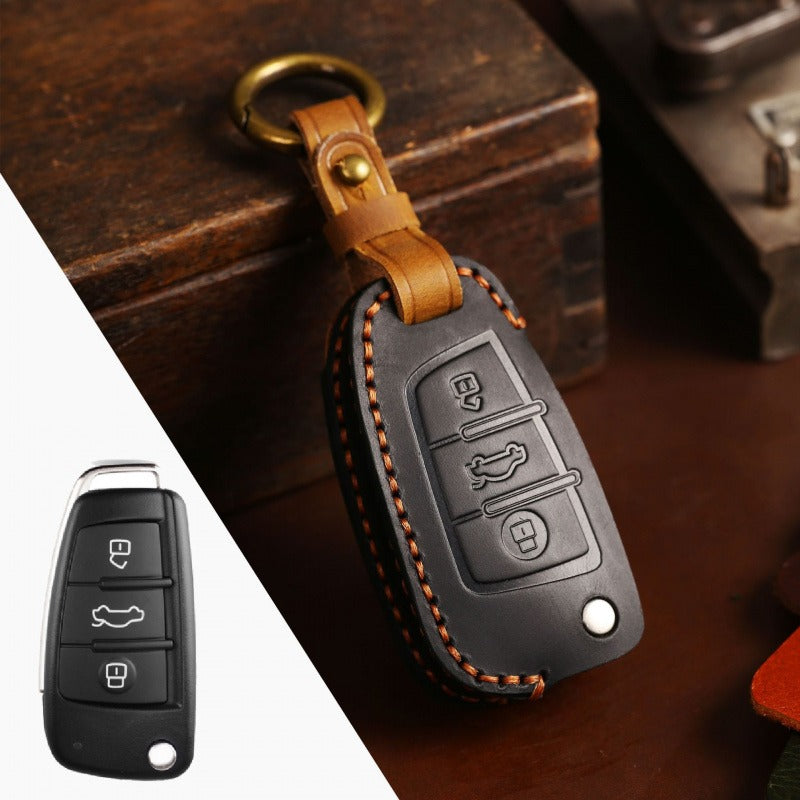 Audi Q3 A3 Crazy Horse Leather Folding Key Case(#AU279) - Black