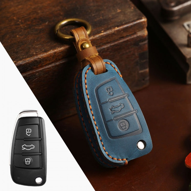 Audi Q3 A3 Crazy Horse Leather Folding Key Case(#AU279) - Blue