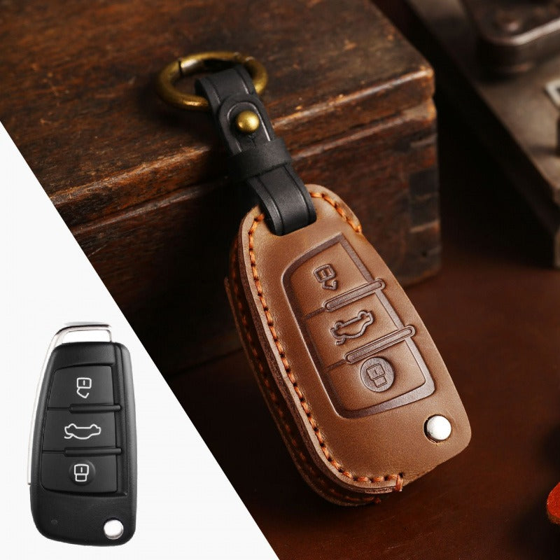 Audi Q3 A3 Crazy Horse Leather Folding Key Case(#AU279) - Black