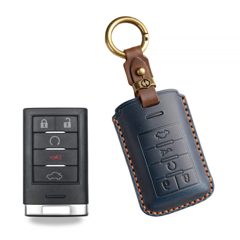 Cadillac CTS XTS Handmade Leather Key Case（#CA308) - key-5 / Blue