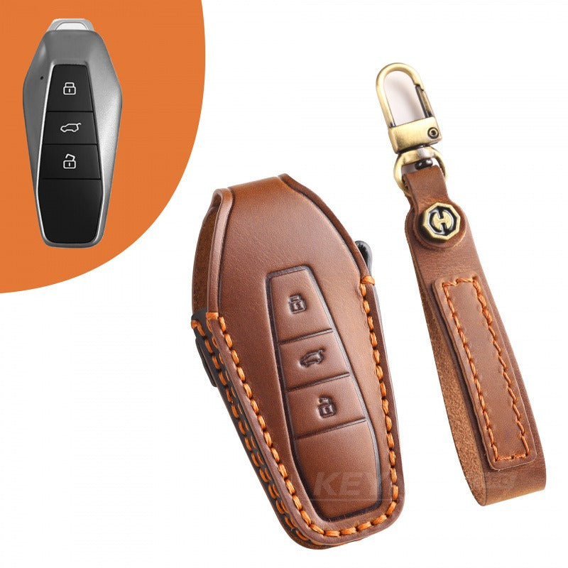 Chery iCAR 03 2024 Leather Key Case Handmade Genuine Cowhide Cover(#iC13) - Brown