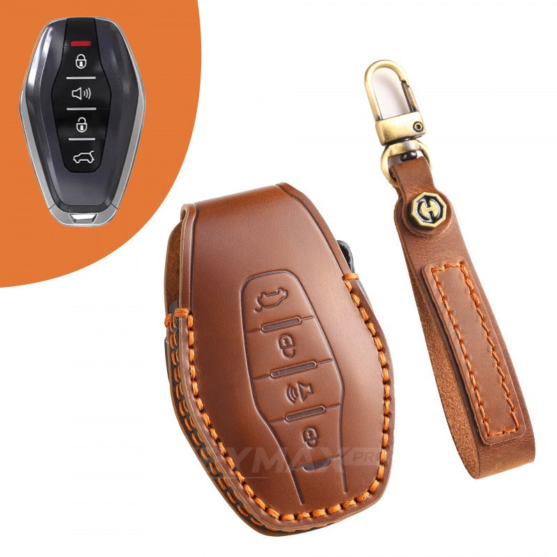 Chery Jetour X70 Plus X70 Pro X90 Leather Key Case Premium Cowhide Cover(#JE11) - Brown