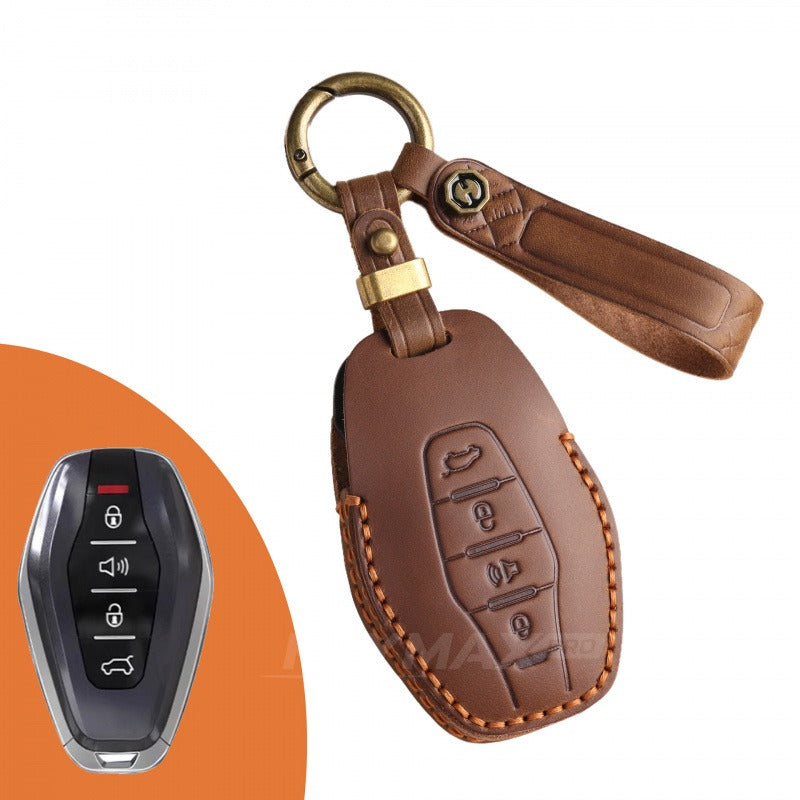 Chery Jetour X90 Plus X70 Plus 2023 Leather Key Case Genuine Cowhide Cover（#JE14) - Brown