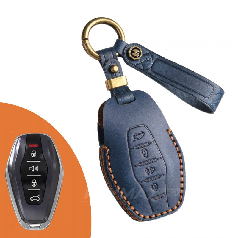 Chery Jetour X90 Plus X70 Plus 2023 Leather Key Case Genuine Cowhide Cover（#JE14) - Blue