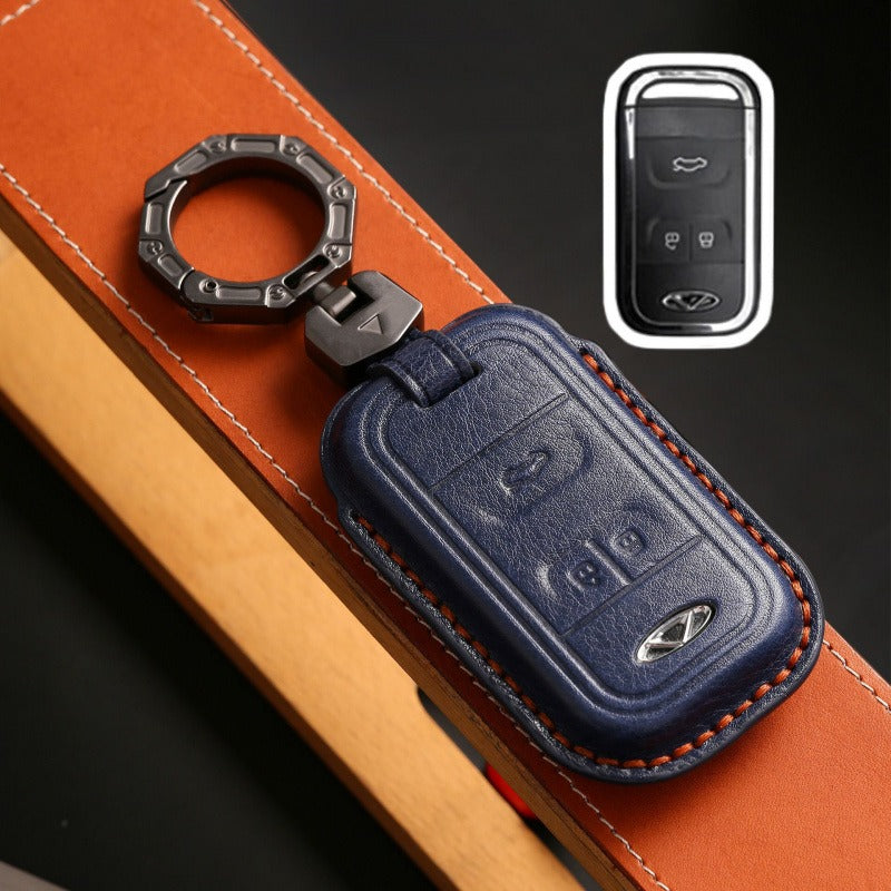 Chery Tiggo 8 Tiggo 5X Full Cover Leather Key Case Genuine Cowhide Protection(#Ti27) - Blue