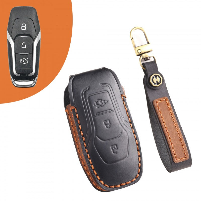 Ford Edge 2015-2017 Mondeo Leather Key Case(#FO133) - Black / Key-3