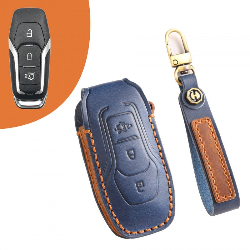 Ford Edge 2015-2017 Mondeo Leather Key Case(#FO133) - Blue / Key-3