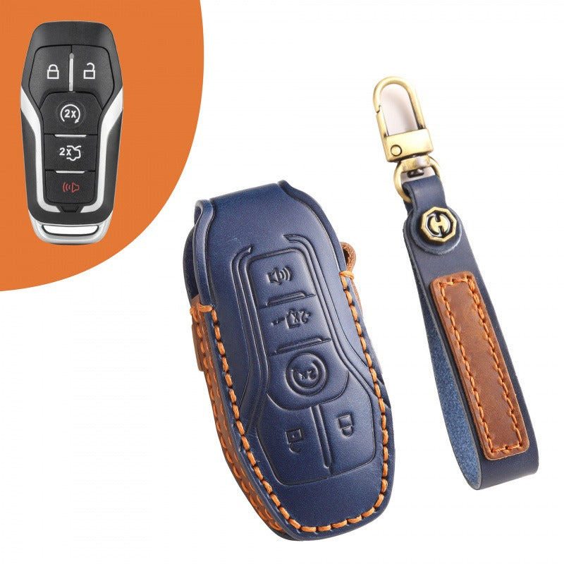 Ford Edge 2015-2017 Mondeo Leather Key Case(#FO133) - Blue / Key-5