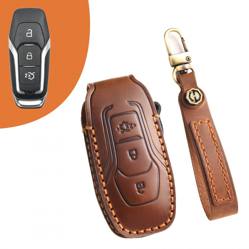 Ford Edge 2015-2017 Mondeo Leather Key Case(#FO133) - Brown / Key-3