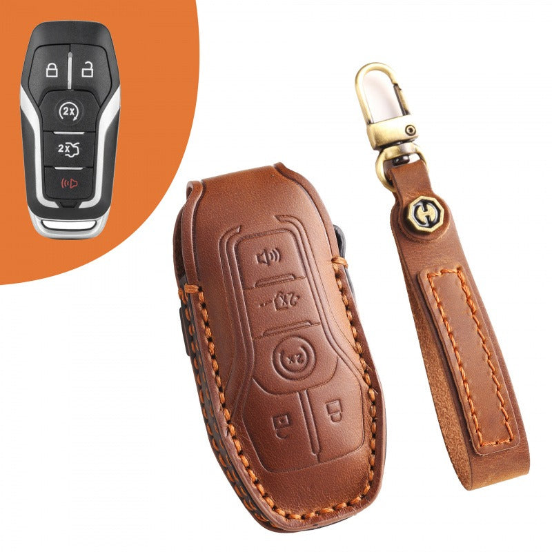 Ford Edge 2015-2017 Mondeo Leather Key Case(#FO133) - Brown / Key-5