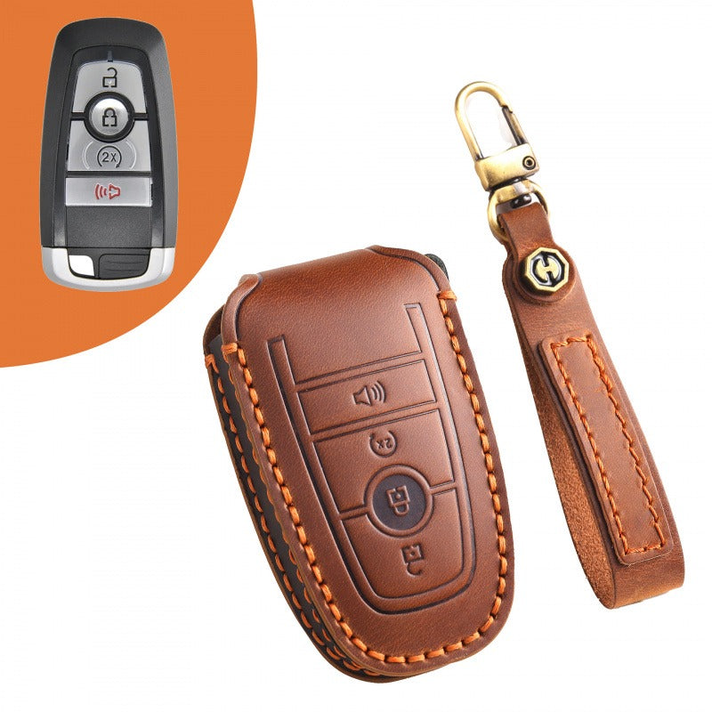 Ford Explorer Mondeo Focus Kuga Edge Key Case(#FD258) - Key-4-Start button / Brown