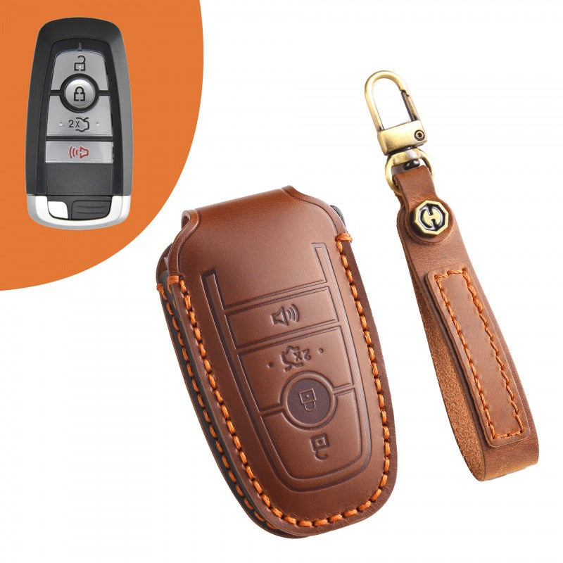 Ford Explorer Mondeo Focus Kuga Edge Key Case(#FD258) - Key-4-Trunk horn / Brown