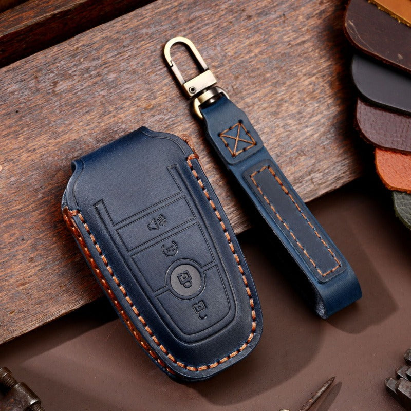 Ford F-150 Raptor Leather Key Case(#FD301) - Key-3-horn / Blue