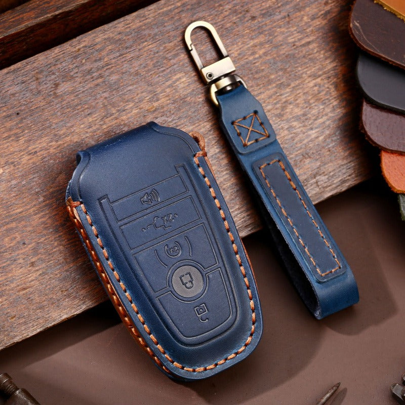 Ford F-150 Raptor Leather Key Case(#FD301) - Key-5-horn / Blue