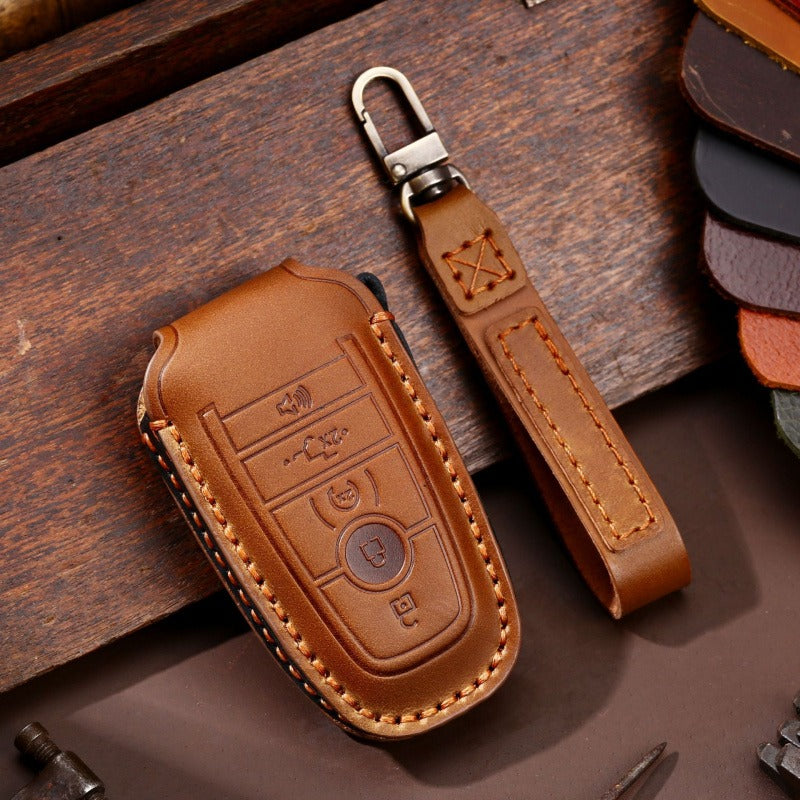 Ford F-150 Raptor Leather Key Case(#FD301) - Key-5-horn / Brown