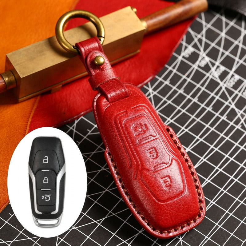 Ford Focus Mondeo Kuga Edge Taurus Leather Key Case(#FD299) - Key-3 / Red