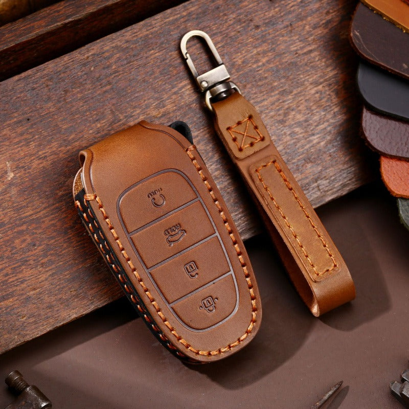 Hyundai Handmade Leather Key Case Collection(#HY212) - Key-4 Start button / Brown