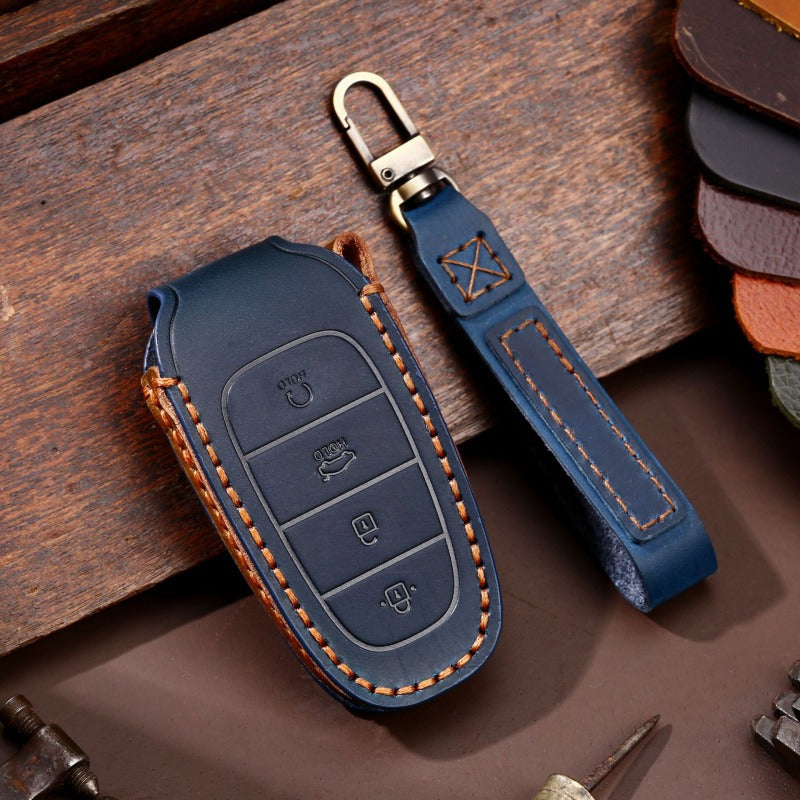 Hyundai Handmade Leather Key Case Collection(#HY212) - Key-4 Start button / Blue