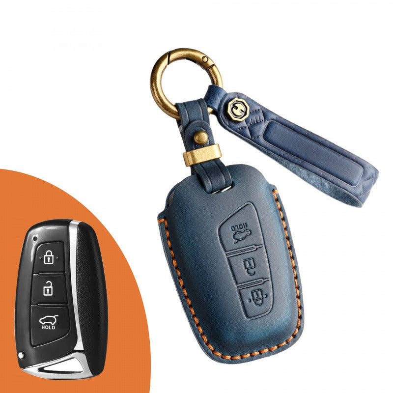 Hyundai ix45 Retro Leather Key Case(#HY202) - Key-3 / Blue