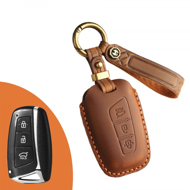 Hyundai ix45 Retro Leather Key Case(#HY202) - Key-3 / Brown