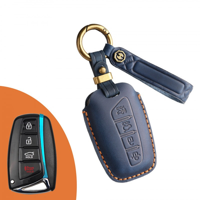 Hyundai ix45 Retro Leather Key Case(#HY202) - Key-4 / Blue