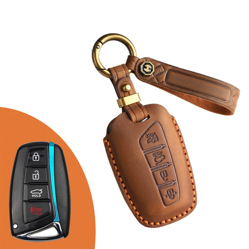 Hyundai ix45 Retro Leather Key Case(#HY202) - Key-4 / Brown
