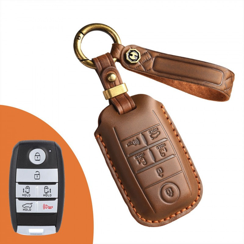 Kia Carnival Retro Leather Key Case(#KA205) - Key-6 / Brown
